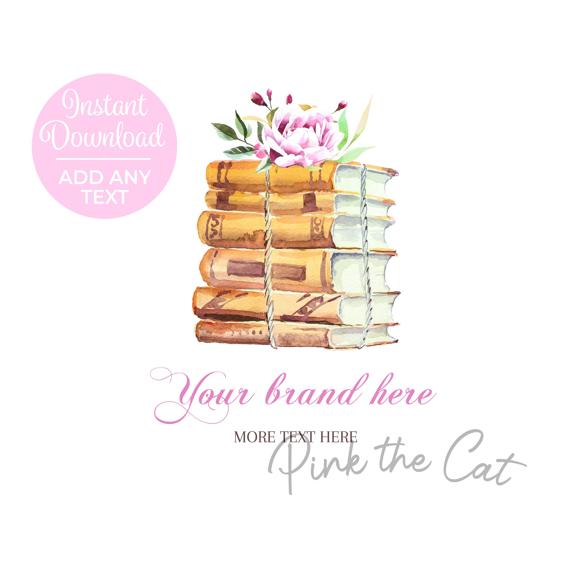 Bookstack floral watercolor books premade design for  or website – Pink  the Cat